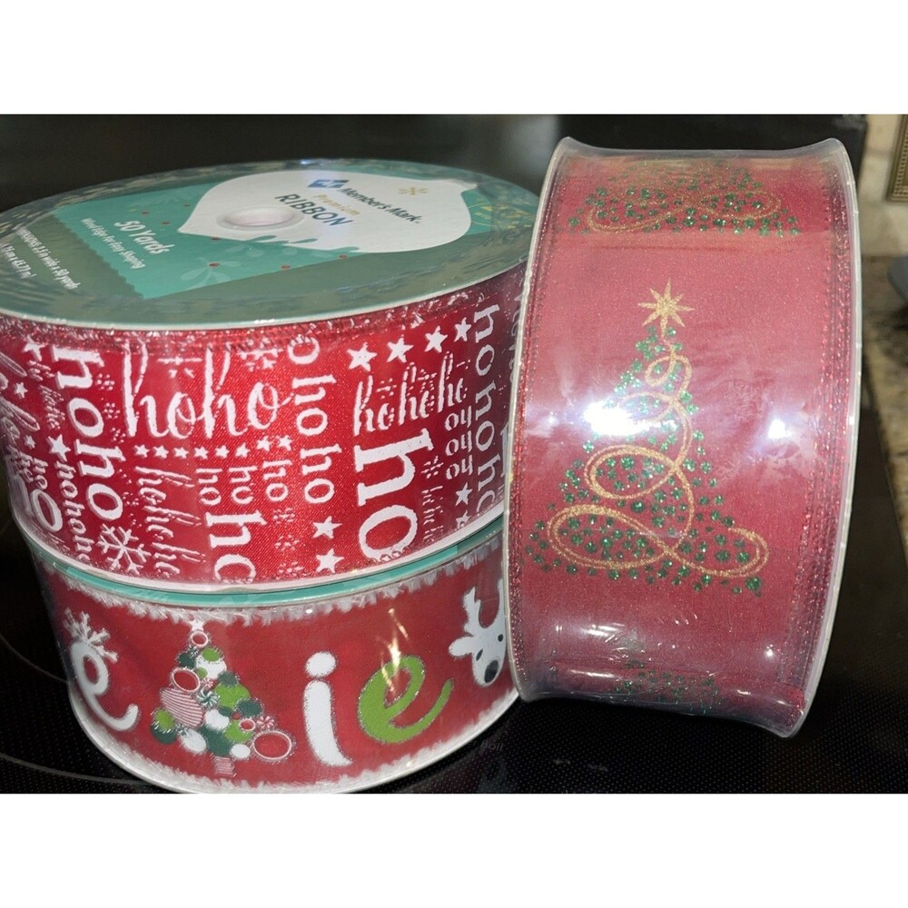 Lot Of 3 Christmas Ribbon Wired Members Mark 2.5 Inch Wide 50 Yards Each